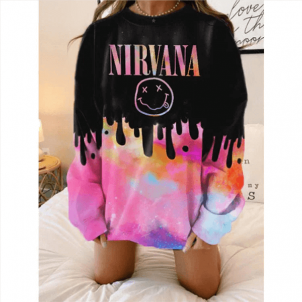 Nirvana Smiley Face Inspired Crewneck Black Pink Overdyed Long Sleeve Shirt