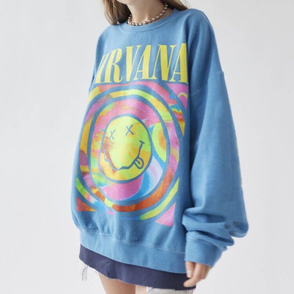 Distressed Blue Nirvana Smiley Face Crewneck Sweatshirt