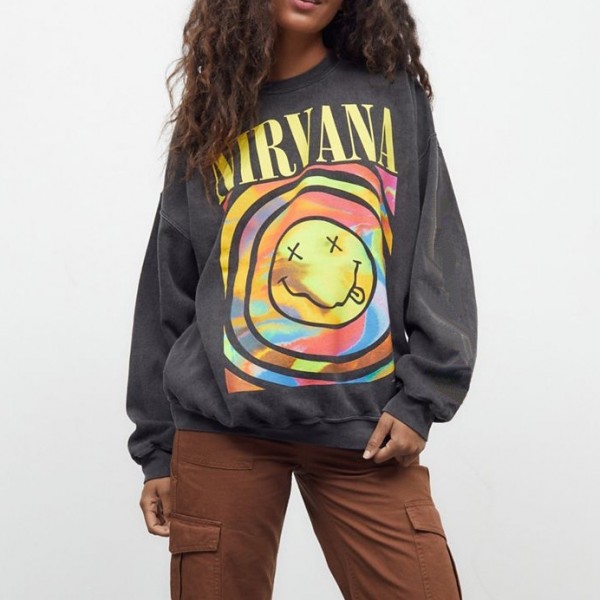 Ladies Loose Long Sleeve Gray Nirvana Smiley Face Sweatshirts