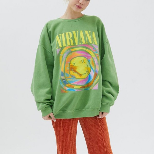 Ladies Green Nirvana Printed Smiley Face Sweatshirts