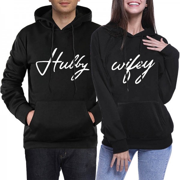 Couple Hoodies Sweatshirts - Hubby & Wifey Hoodie His and Hers Hoodie Black