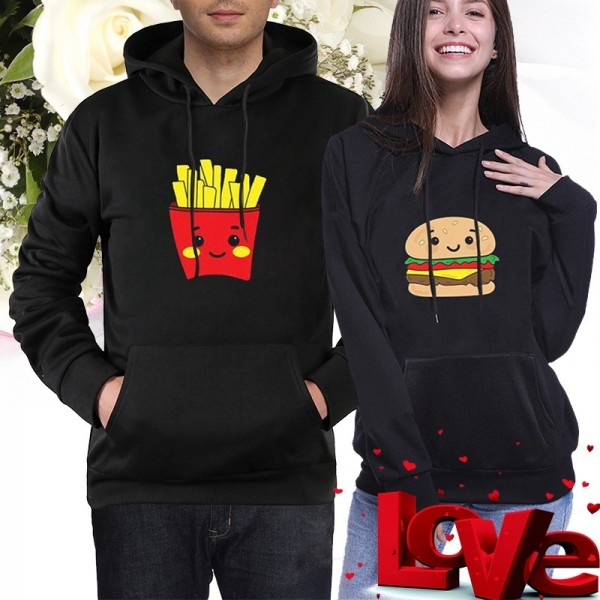 Couple Hoodies Sweatshirts - Burger and Fries Hoodie His and Hers Hoodie Black