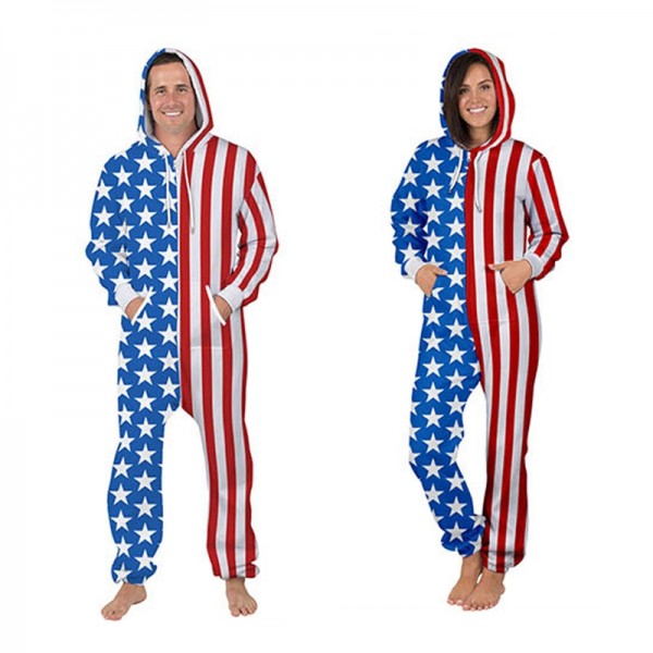 USA American Flag 3D Printed Hooded Jumpsuit Zip Up Long Sleeve Onesie For Men & Women