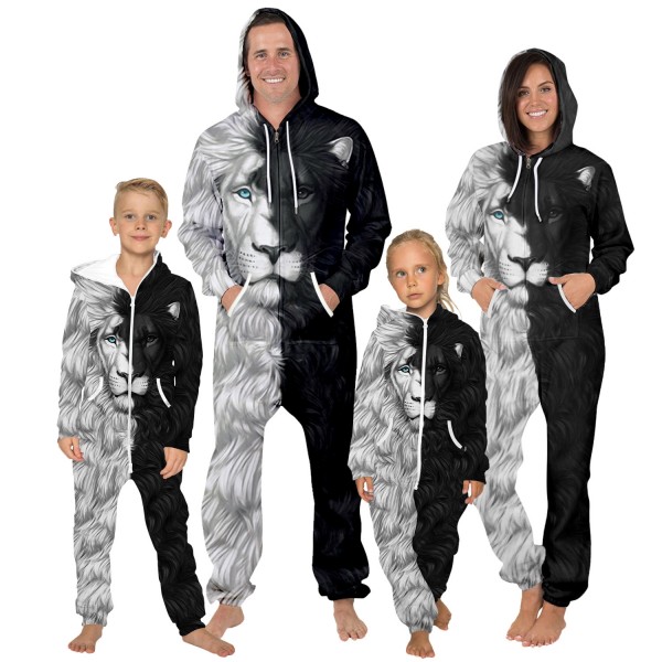 Black White Lion 3D Printed Hooded Jumpsuit Zip Up Long Sleeve Onesie For Men & Women