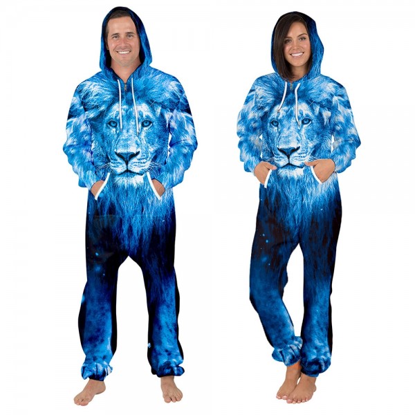 Blue Lion 3D Printed Hooded Jumpsuit Zip Up Long Sleeve Onesie For Men & Women