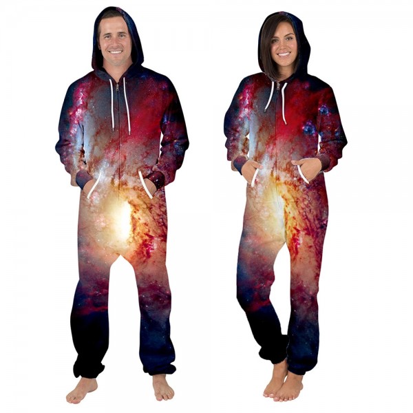 Space Galaxy 3D Zip Up Hooded Jumpsuit Long Sleeve Onesie For Men & Women