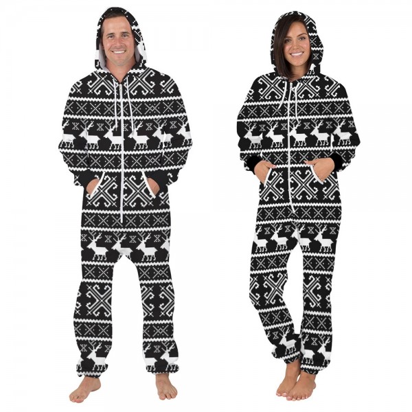 Christmas Elk Black 3D Zip Up Hooded Jumpsuit Zip Up Long Sleeve Onesie For Men & Women