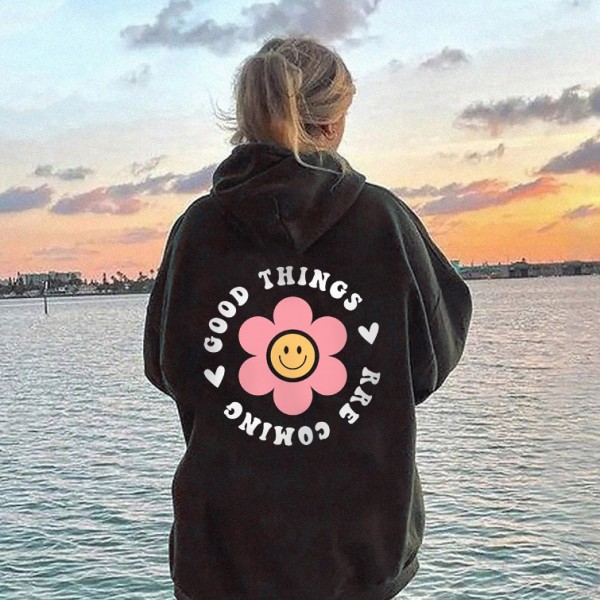 Good Things Are Coming Smilely Face Sunflower Printed Hoodie