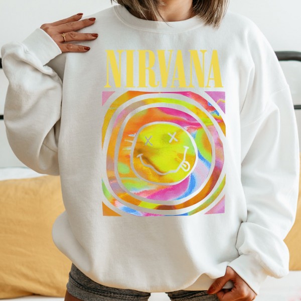 Ladies Nirvana Smiley Face White Crewneck Sweatshirt