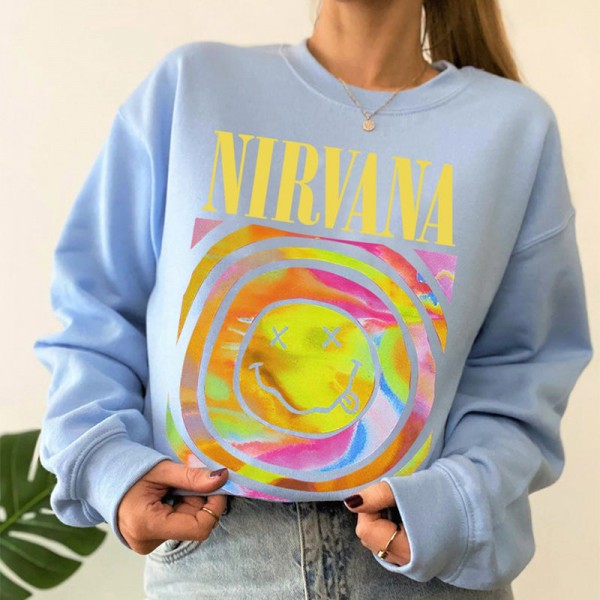 Womens Light Blue Nirvana Smiley Face Crewneck Sweatshirt