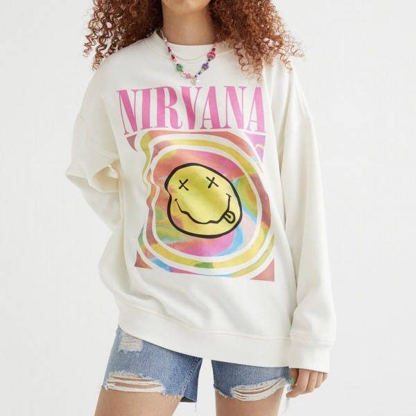 Ladies Distressed White Nirvana Smiley Face Crewneck Sweatshirt