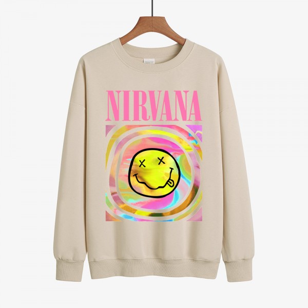 Distressed Khaki Nirvana Smiley Face Crew Sweatshirt