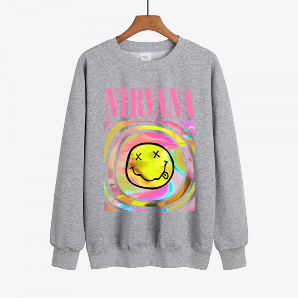 Distressed Gray Nirvana Smiley Face Crew Sweatshirt