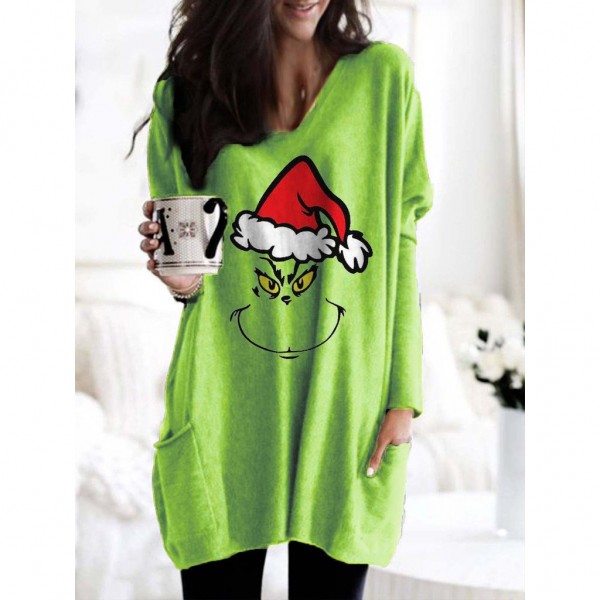 Oversized Christmas Grinch V Neck Sweatshirt Dress