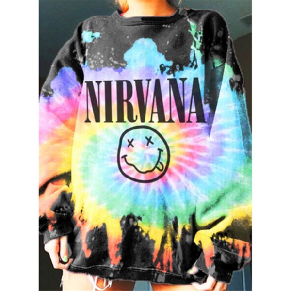 Nirvana Smiley Face Inspired Crewneck Reverse Rainbow Overdyed Long Sleeve Shirt