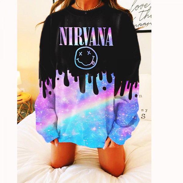 Nirvana Smiley Face Inspired Crewneck Black Blue Overdyed Long Sleeve Shirt