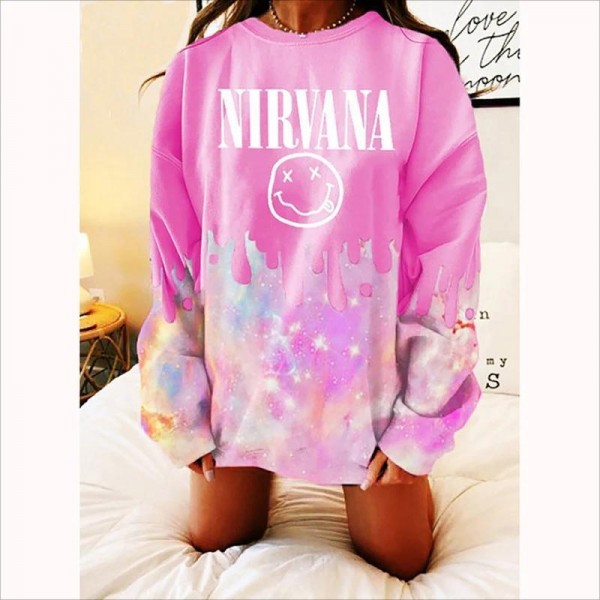 Nirvana Smiley Face Inspired Crewneck Pink Overdyed Long Sleeve Shirt