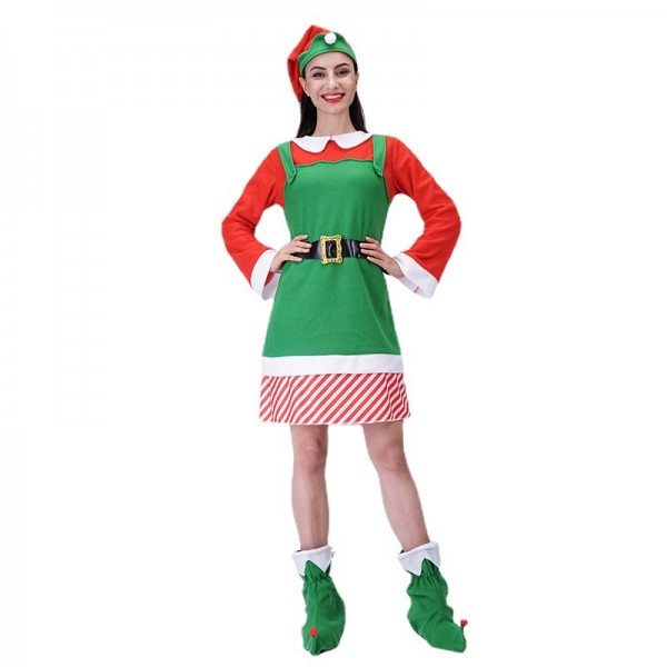 Womens Holiday Elf Costume Dress Elf Cosplay Suit Full Set