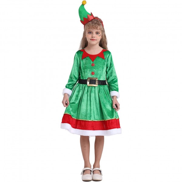 Girls Christmas Santa Elf Cosplay Dress Costume with Hat Headband