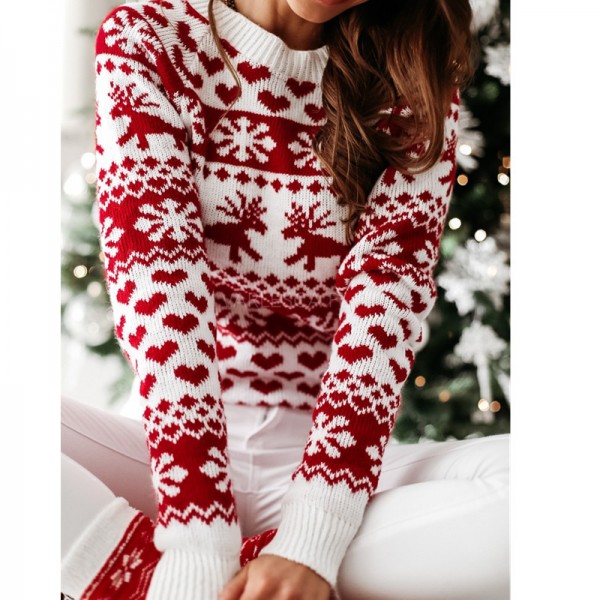 Women Christmas Reindeer Snowflake Heart Printed Sweater