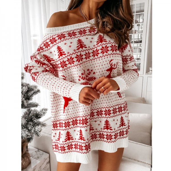 Women Christmas Reindeer Snowflake Tree Printed Sweater