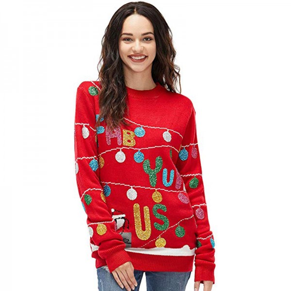 Women Christmas Light String Sequins Printed Sweater