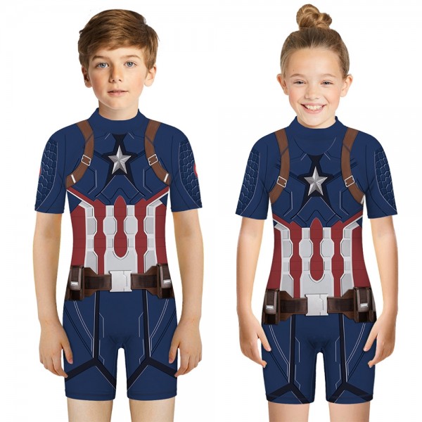 Kid's Captain America One-Piece Swimsuit Short Sleeve 3D Swimwear For Boys & Girls