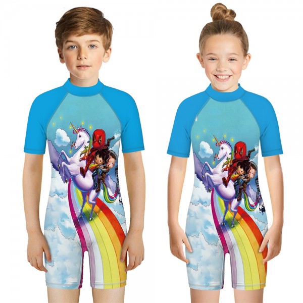 Kid's Unicorn One-Piece Swimsuit Blue 3D Short Sleeve Swimwear For Boys & Girls