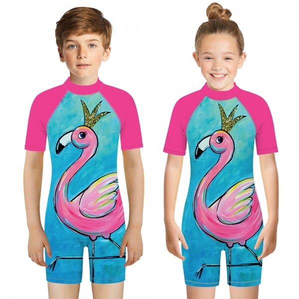 Kid's Flamingo One-Piece Swimsuit 3D Short Sleeve Swimwear For Boys & Girls