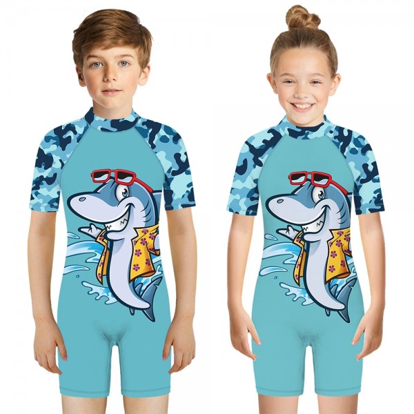 Kid's Shark One-Piece Swimsuit 3D Short Sleeve Swimwear For Boys & Girls