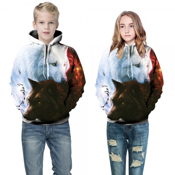 3D White & Black Wolf Kids Hooded Sweatshirt