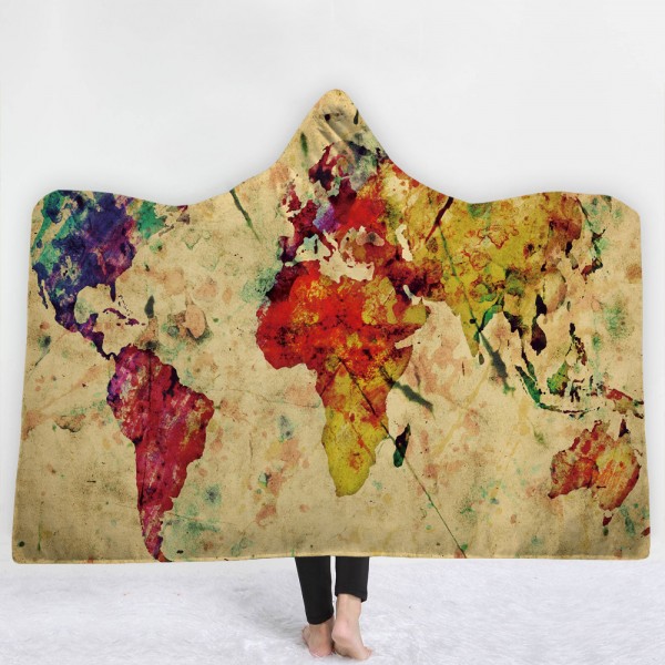 Oil Painting Scrawl World Map 3D Hooded Blanket