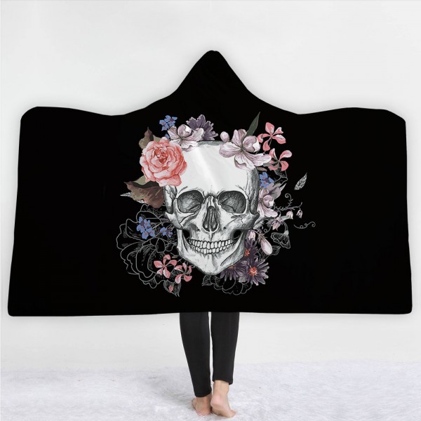 White Skull Flower 3D Black Hooded Blanket