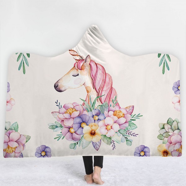 Flower Unicorn White 3D Hooded Blanket