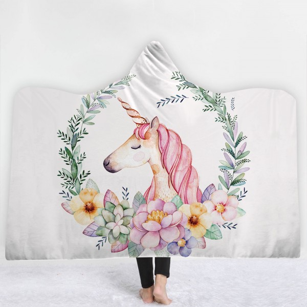 Pink Unicorn Blooming Flower White 3D Printing Hooded Blanket