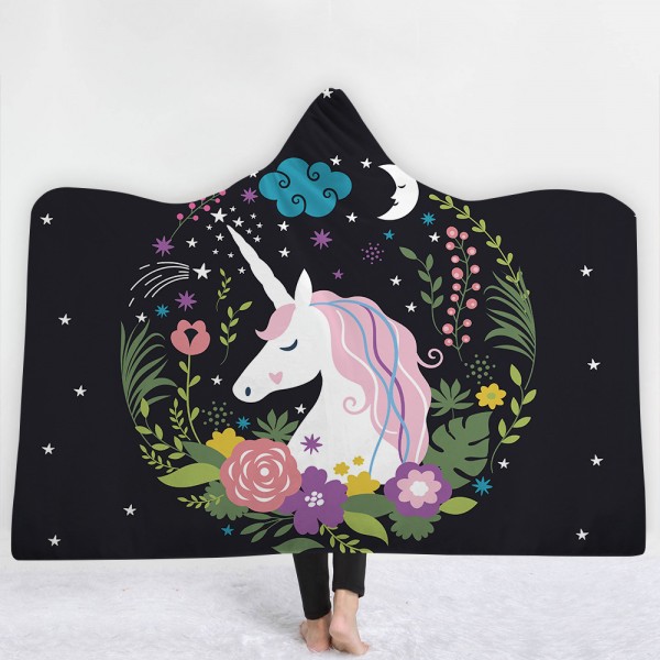 Pink Unicorn Blooming Flower Black 3D Printing Hooded Blanket