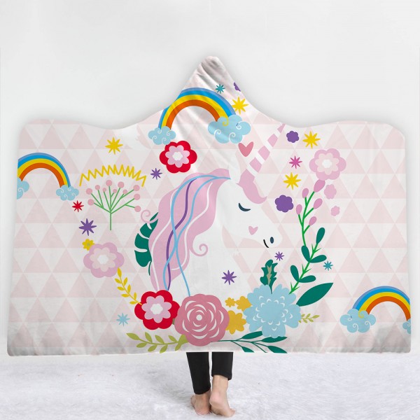 Rainbow Pink Unicorn Blooming Flower 3D Hooded Blanket