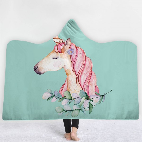 Pink Unicorn Leaves Blue 3D Hooded Blanket