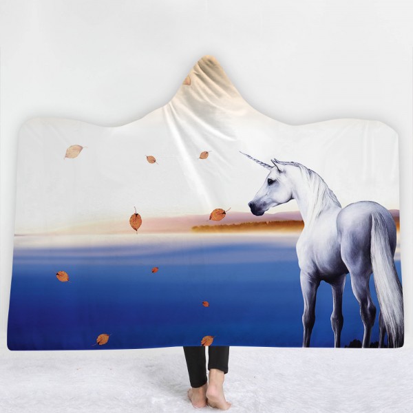 White Unicorn Sea 3D Printing Hooded Blanket