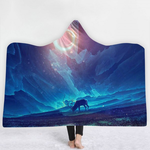 Animal Grassland Galaxy Blue 3D Printing Hooded Blanket