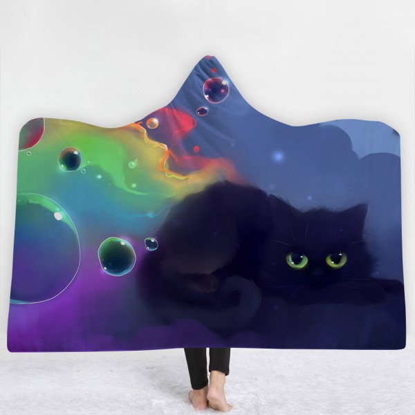 Black Cat Bubble 3D Printing Hooded Blanket