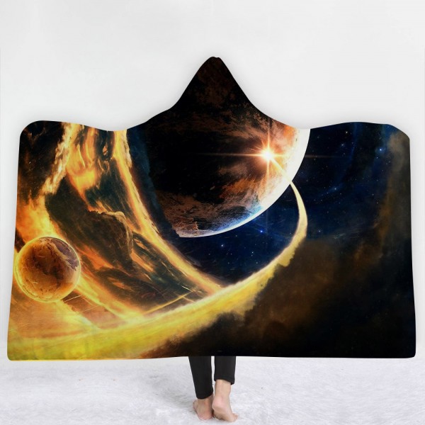 Black Yellow Planet Galaxy 3D Hooded Blanket