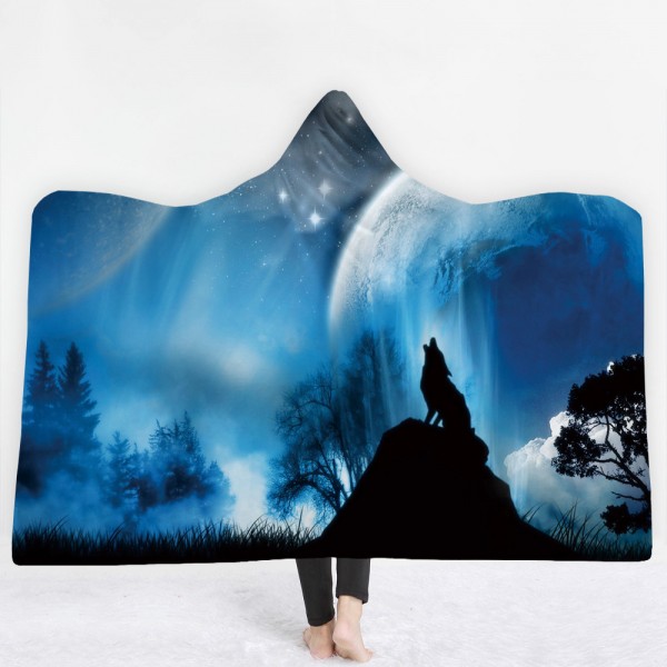 Howling Wolf Forest Night Sky 3D Printing Hooded Blanket