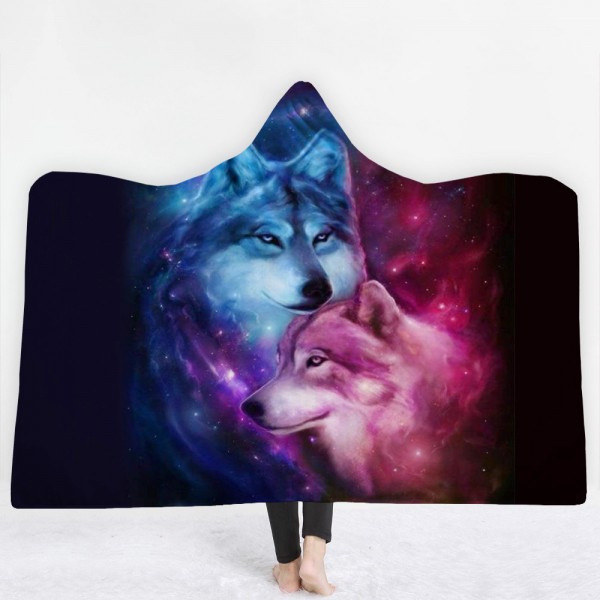 Purple Blue Wolf 3D Printing Hooded Blanket