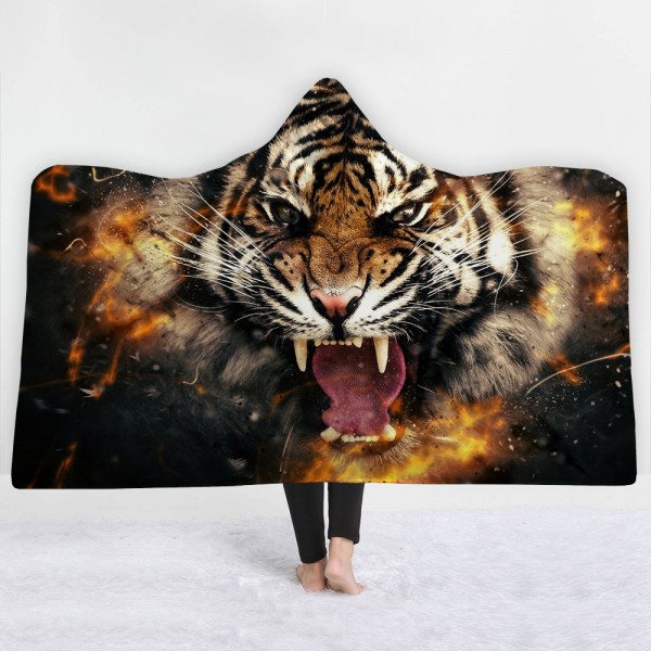 Angry Fire Tiger 3D Print Hooded Blanket