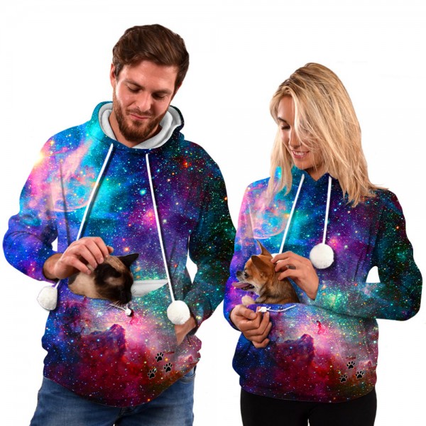 Pet Pouch Fleece Hoodie 3D Starry Galaxy Pullover Hoodie With Cat Dog Kangaroo Pouch