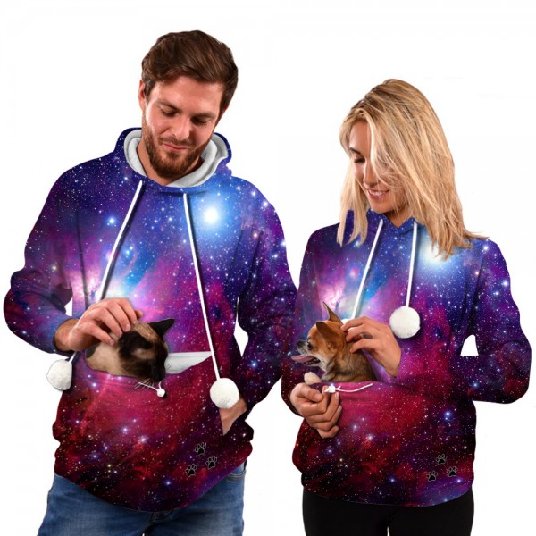 Pet Pouch Fleece Hoodie 3D Purple Starry Galaxy Pullover Hoodie With Cat Dog Kangaroo Pouch