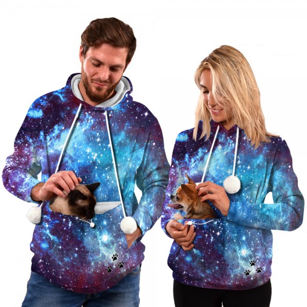 Pet Pouch Fleece Hoodie 3D Blue Galaxy Pullover Hoodie With Cat Dog Kangaroo Pouch