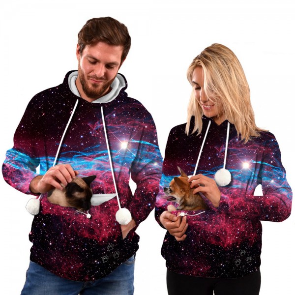 Pet Pouch Fleece Hoodie 3D Red Galaxy Pullover Hoodie With Cat Dog Kangaroo Pouch