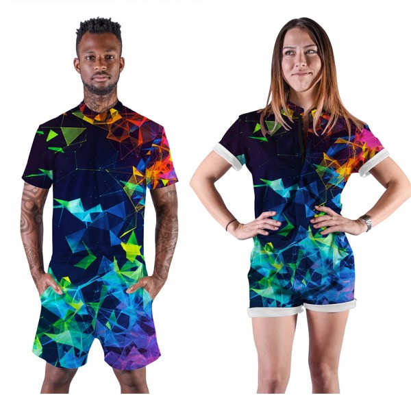 Space Geometry Galaxy Romper Shorts 3D Zip Up Short Sleeve Jumpsuit One Piece Outfit Shorts